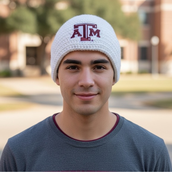 Texas A&M White Crocheted Beanie with A & M Logo Patch 9”W x 7 1/2” L Stretches - Picture 7 of 7